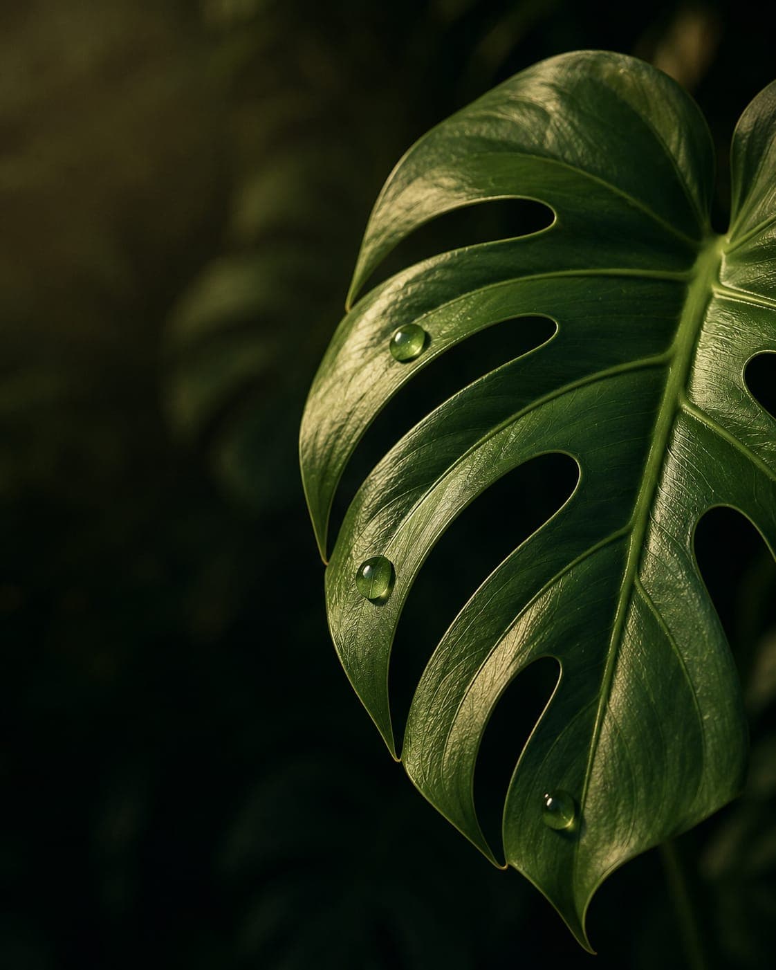 Monstera leaf catching soft light in the greenhouse